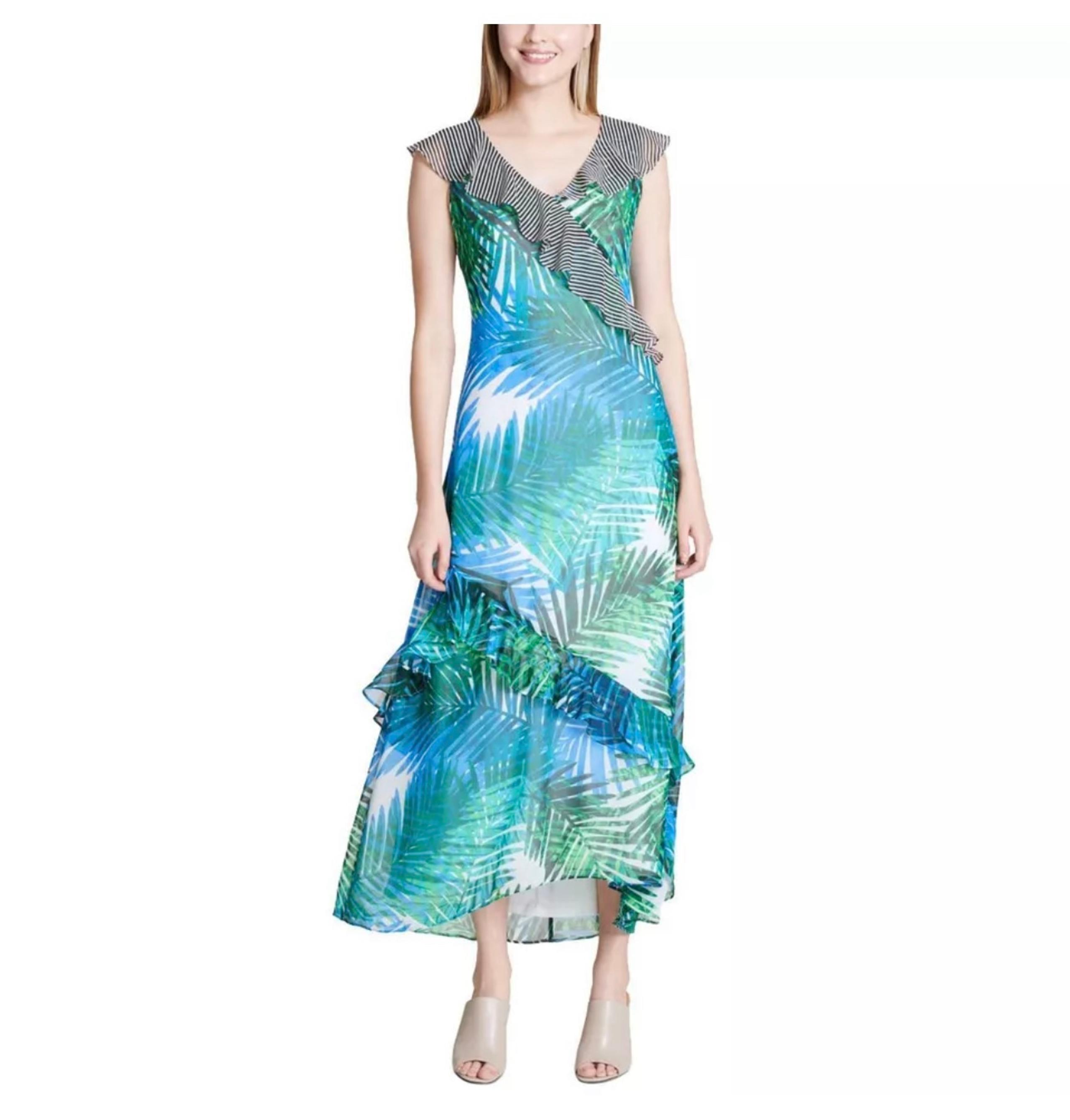 NWT Calvin Klein Women's Blue Tropical V Neck Ruffle Maxi Dress Size 8