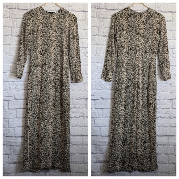 Raey Leopard Jacquard Crepe Midi Shift Dress 4 Tan Black Animal Print Modest