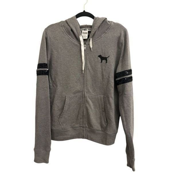 Vintage Y2K Victoria's Secret PINK Black Sequin bedazzled Full zip Hoodie L Gray