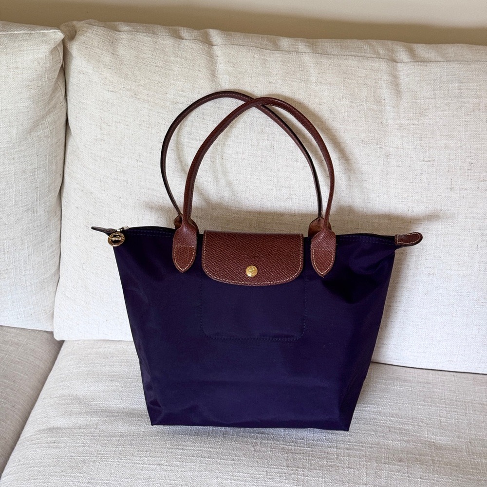 LONGCHAMP Le Pliage Medium Purple/Brown Nylon Shoulder Tote