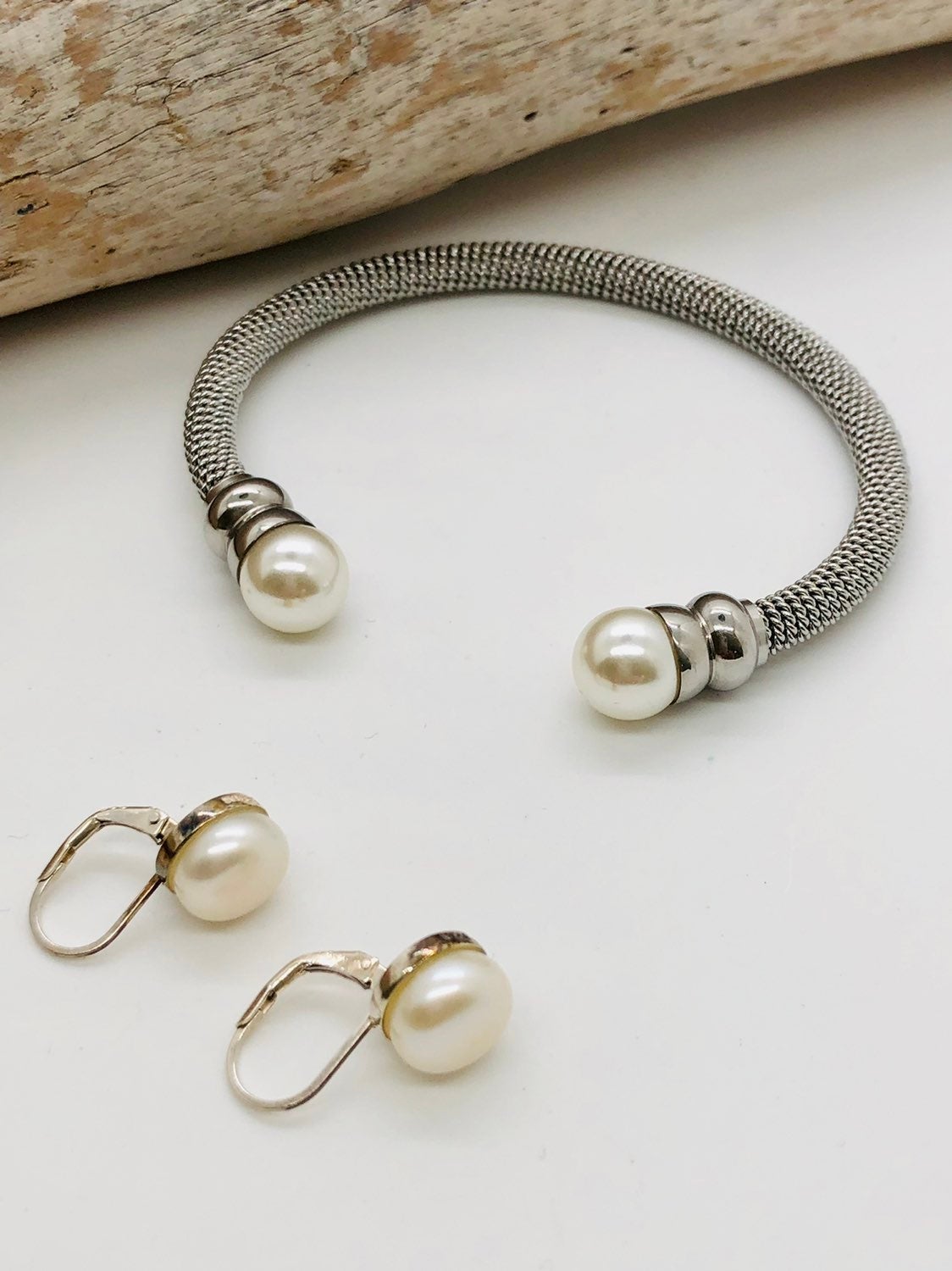 Vintage Silver 925 Pearl Earrings pearl Cuff Bracelet lot