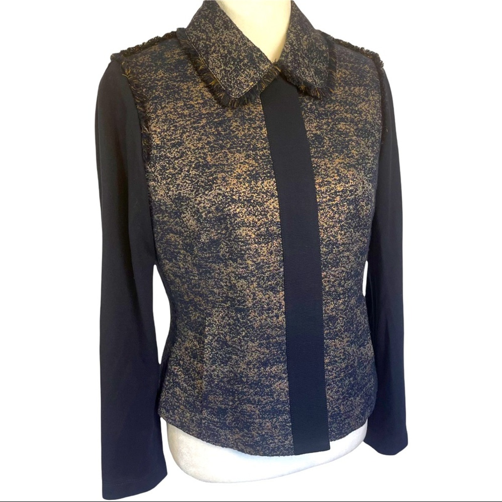 Worth Navy and Shimmering Gold Fringed Button Front Jacket Size 6