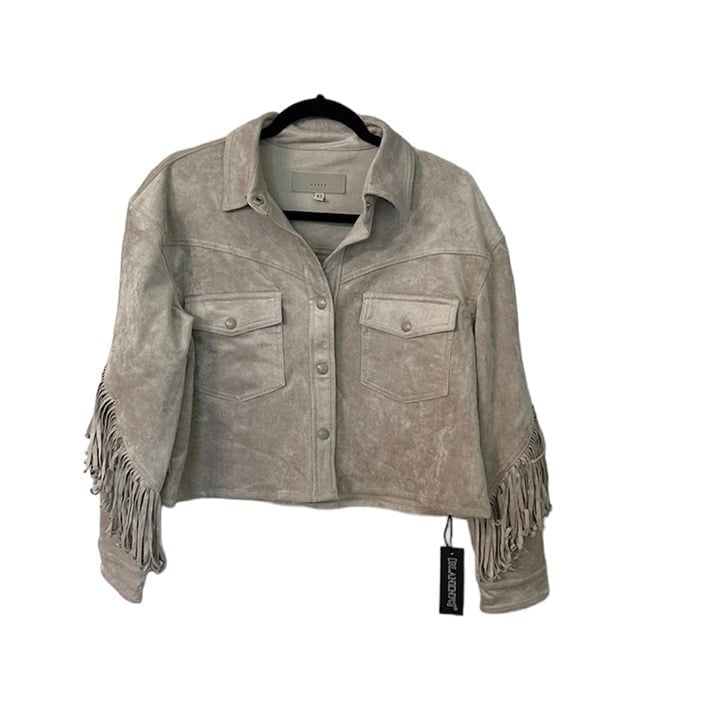 BlankNYC Women’s Faux Suede Buttoned Long Sleeve Fringe Shacket in Tan Sz XS NWT