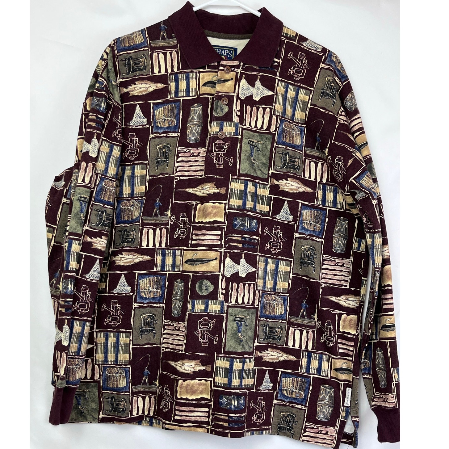 Vintage Chaps Ralph Lauren Men's Medium Brown Fishing Print Long Sleeve Shirt