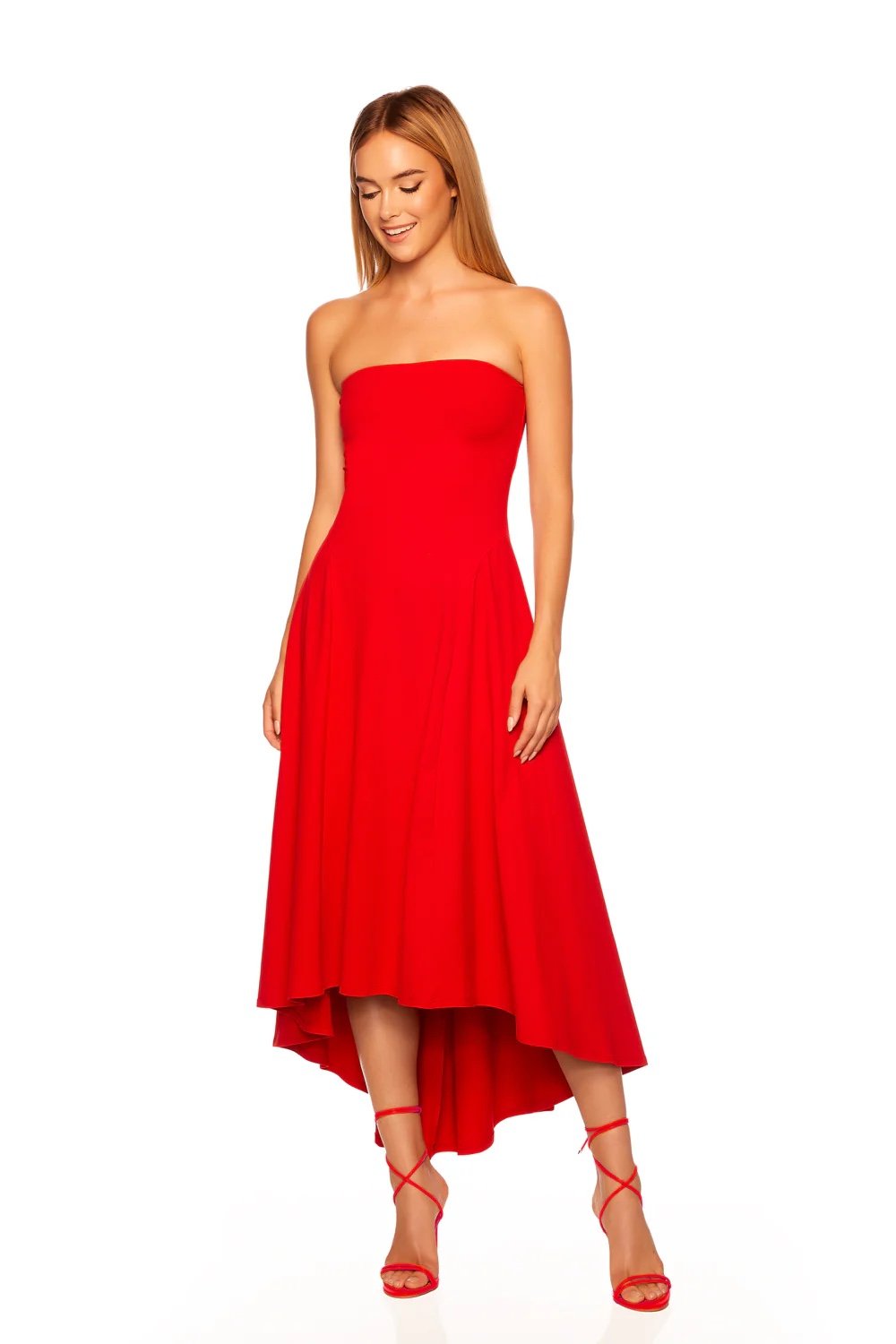 Susana Monaco Red Strapless Seamed High Low Dress