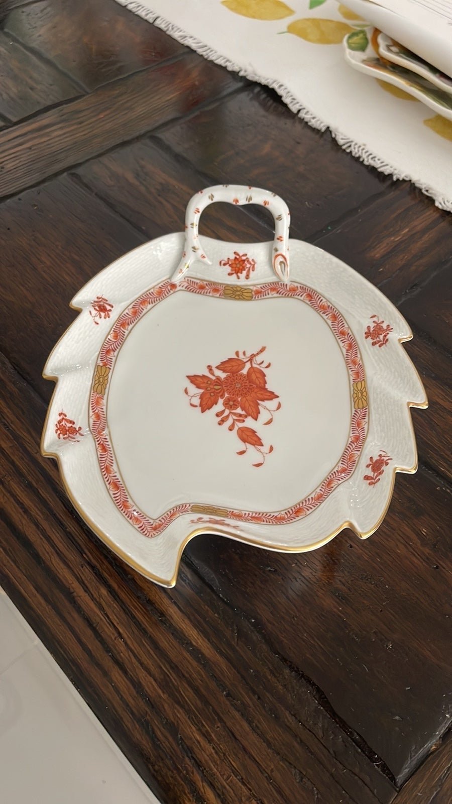 VINTAGE Herend of Hungary White/Orange/Gold Floral Porcelain Leaf Dish