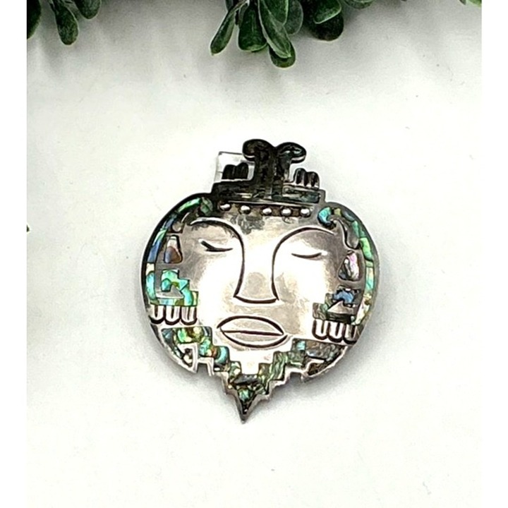 Vintage Mexican Sterling Silver & Abalone Tribal Face Brooch Pendant