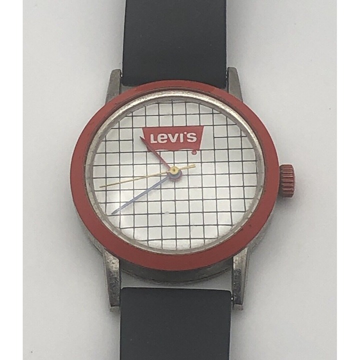 Rare Levi’s Vintage Mechanical Wind Up Watch With Grid Pattern Face Pre Owned