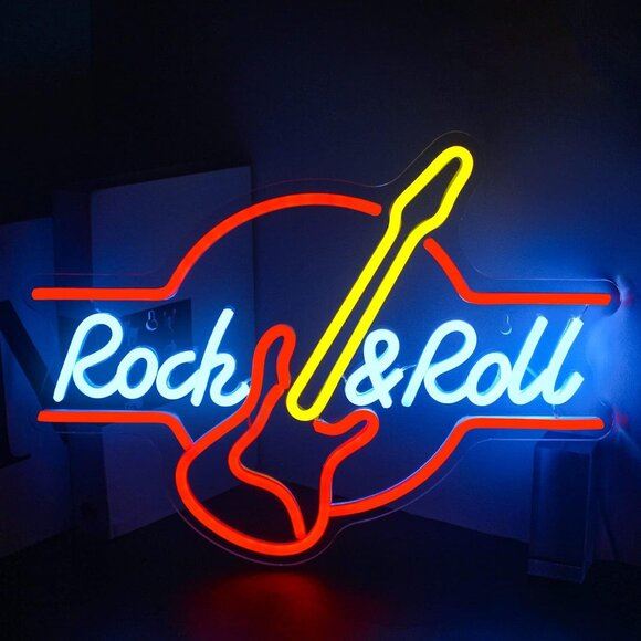 New Guitar Rock and Roll Neon Sign, LED USB Light for Bar & Concert Decor