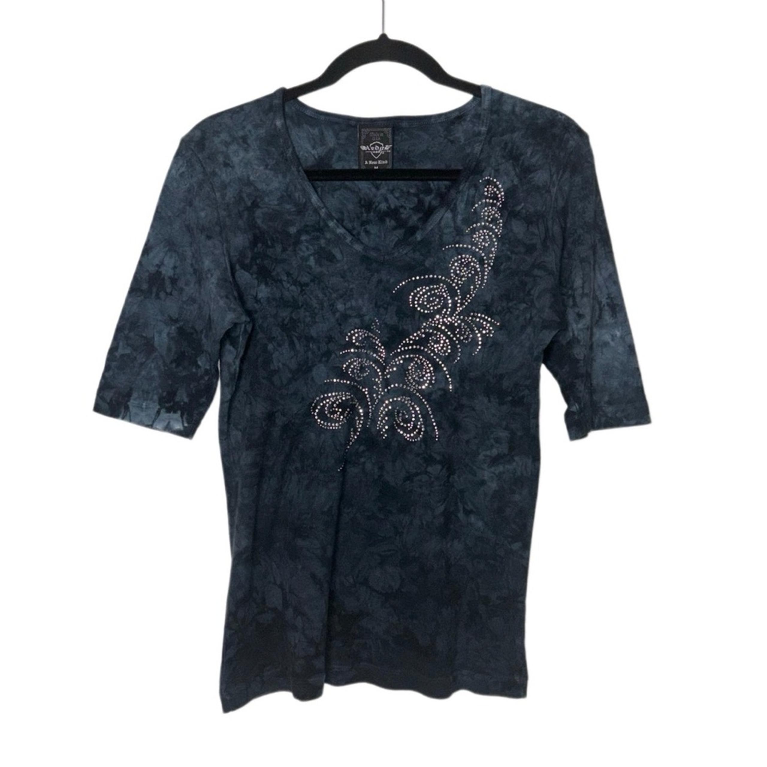 Sledge Shirt Women's Medium Y2K Scoop Neck Navy Blue, Black Silver rhinestones