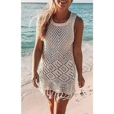Sleeveless Crochet Swimsuit Cover Up Dress With Fringes