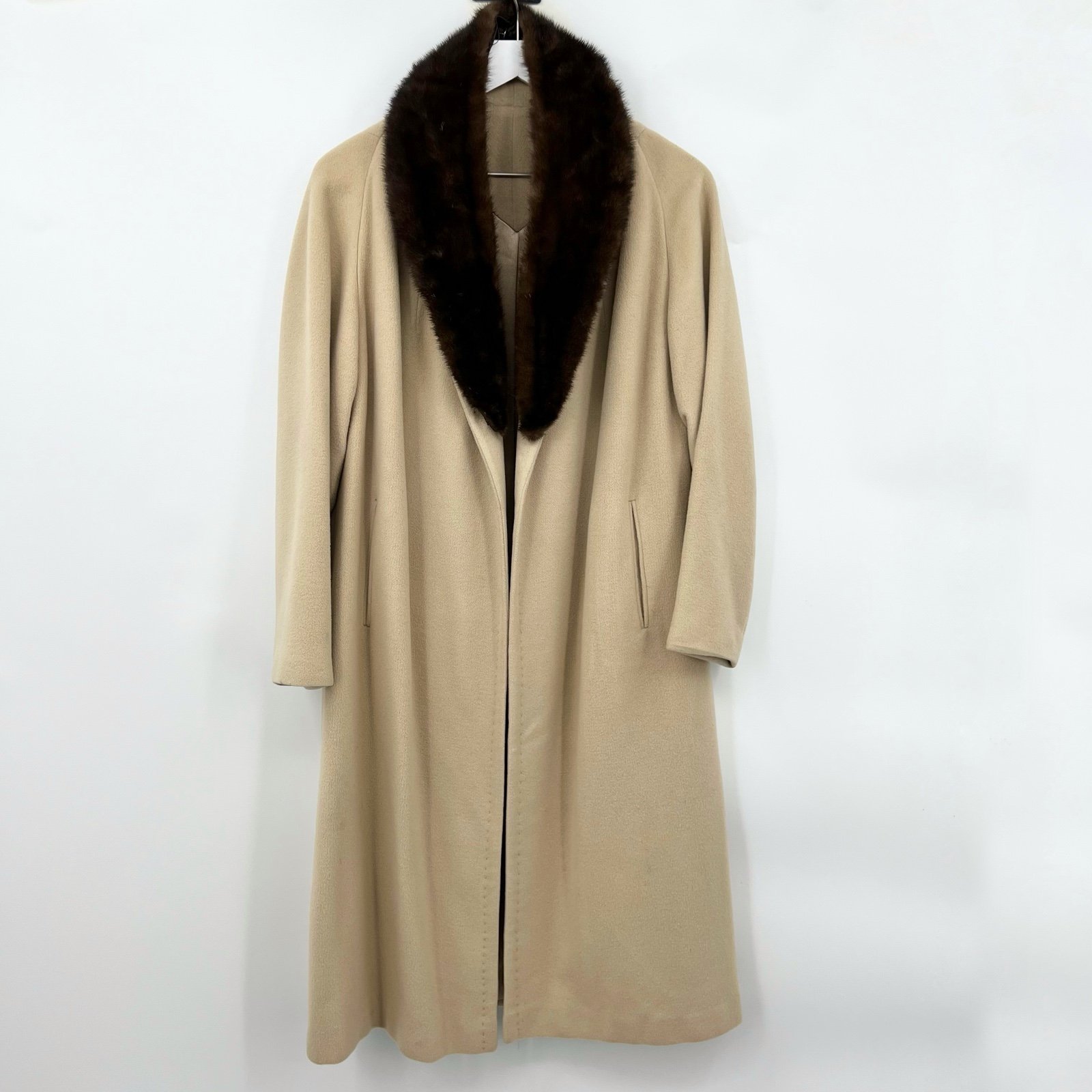 Vintage 100% Cashmere Full Length Coat With Removable Fur Collar Tan Size M/L