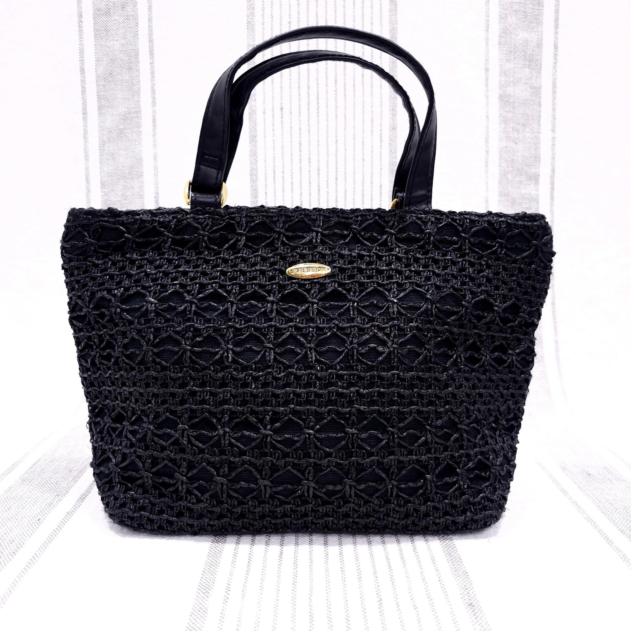 LIZ CLAIBORNE Vintage 90s Black Macrame / Crochet Rattan Handbag Purse