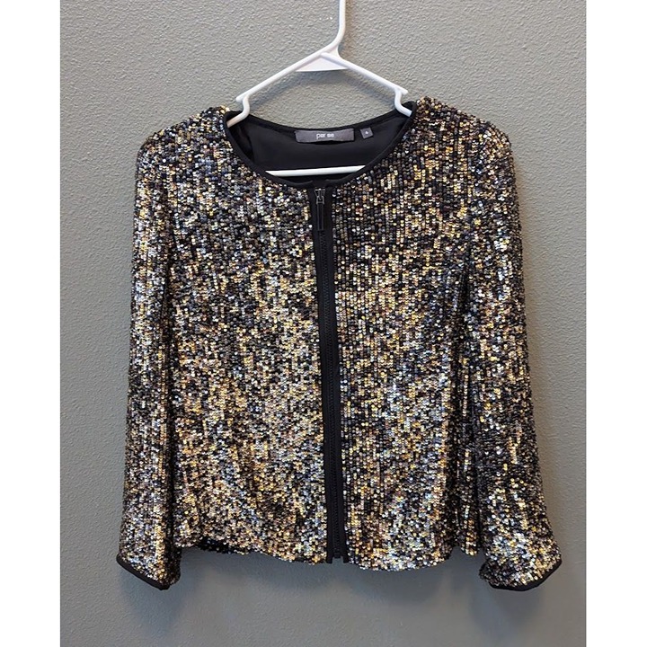 Per Se Women's Jacket Sequins Sparkle Silk Zip Sweater 4 Holiday party