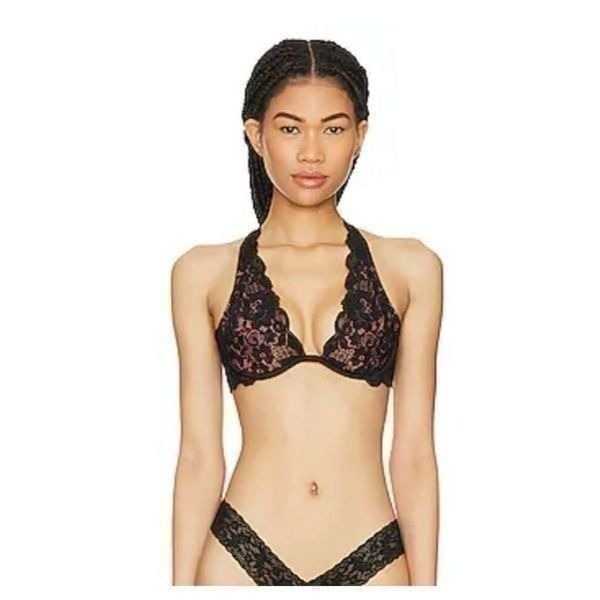 We are HAH Women Size 32-36C Bra Black Lace Criss Cross Back Scalloped Trim NWT