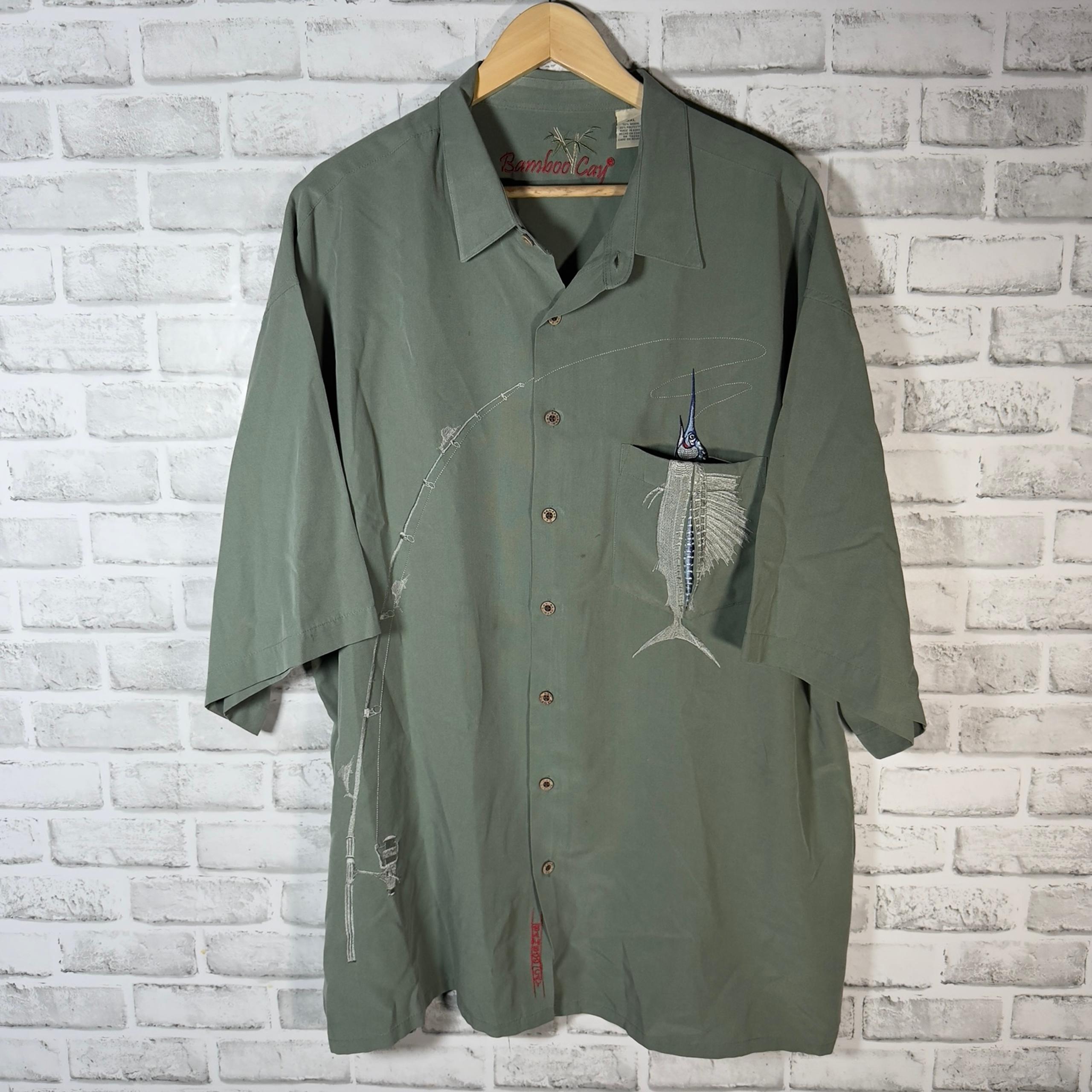 Bamboo Cay EMBROIDERED FISHING PRINT Blue Modal Blend Hawaiian Shirt Mens 3XL
