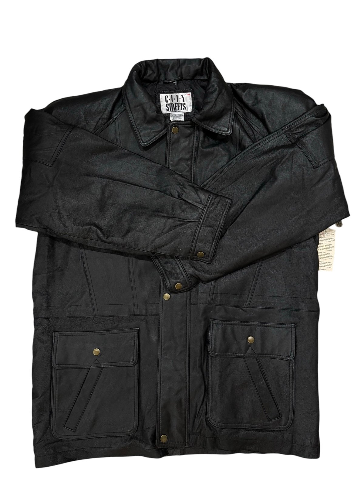 VTG CITY STREETS GENUINE SOFT BLACK LEATHER COAT sz L zip up with hood on zipper