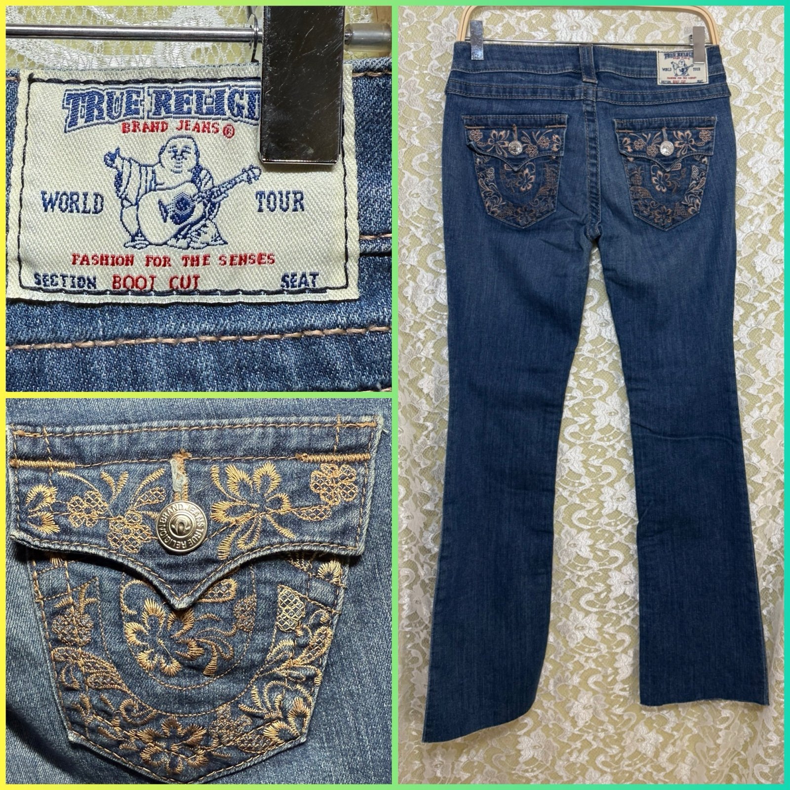 NWOT True Religion Women's bootcut Blue Jeans with tan Embroidery sz 28