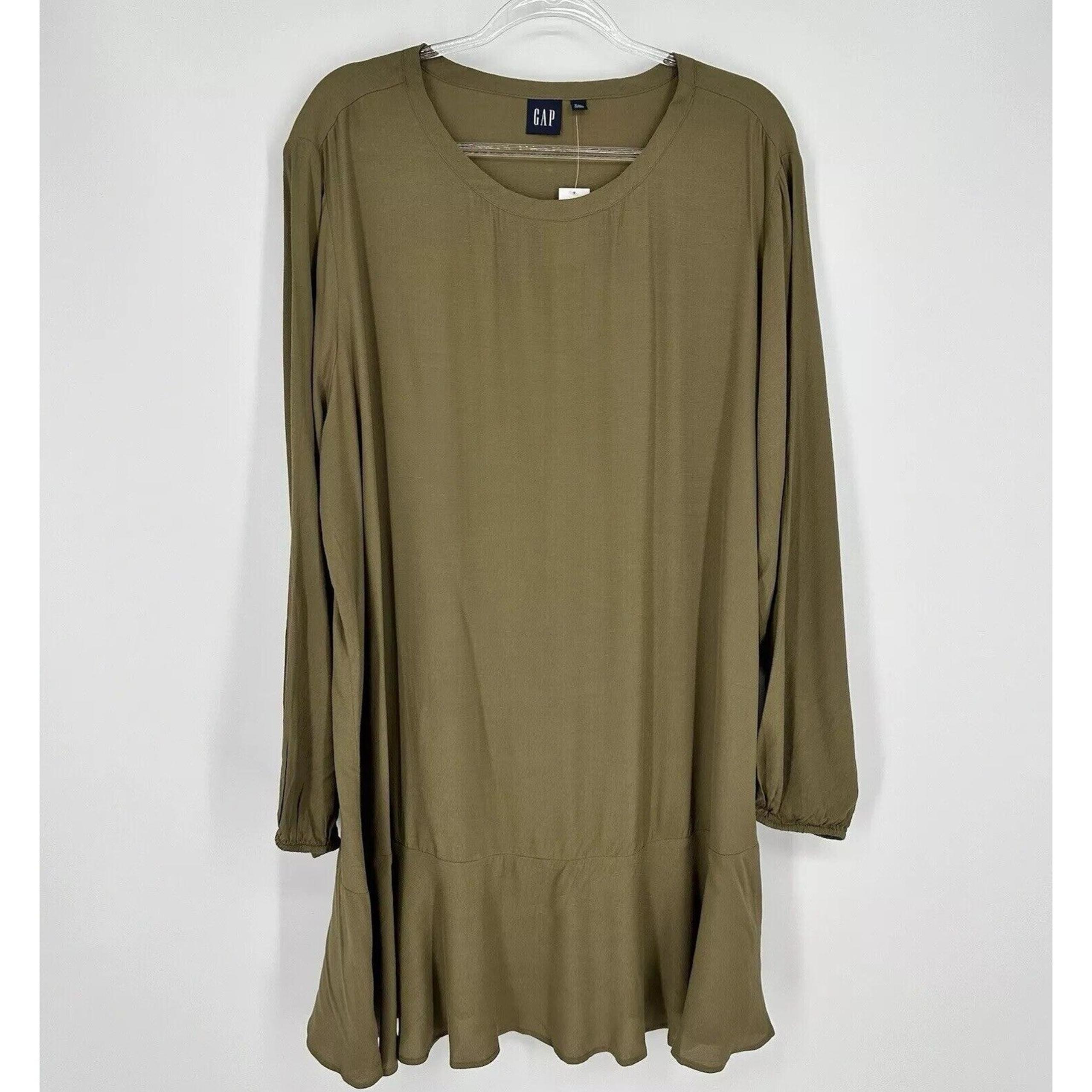 Gap Flounce Hem Dress Long Sleeve Swing Olive Green NWT Women’s Size XXL