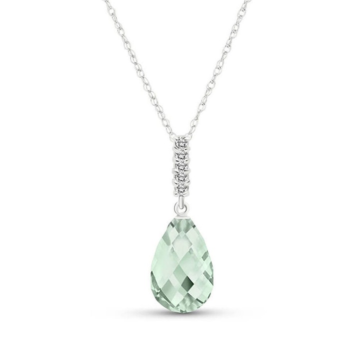 14K. GOLD NECKLACE WITH DIAMOND & BRIOLETTE DROP GREEN AMETHYST (White Gold)