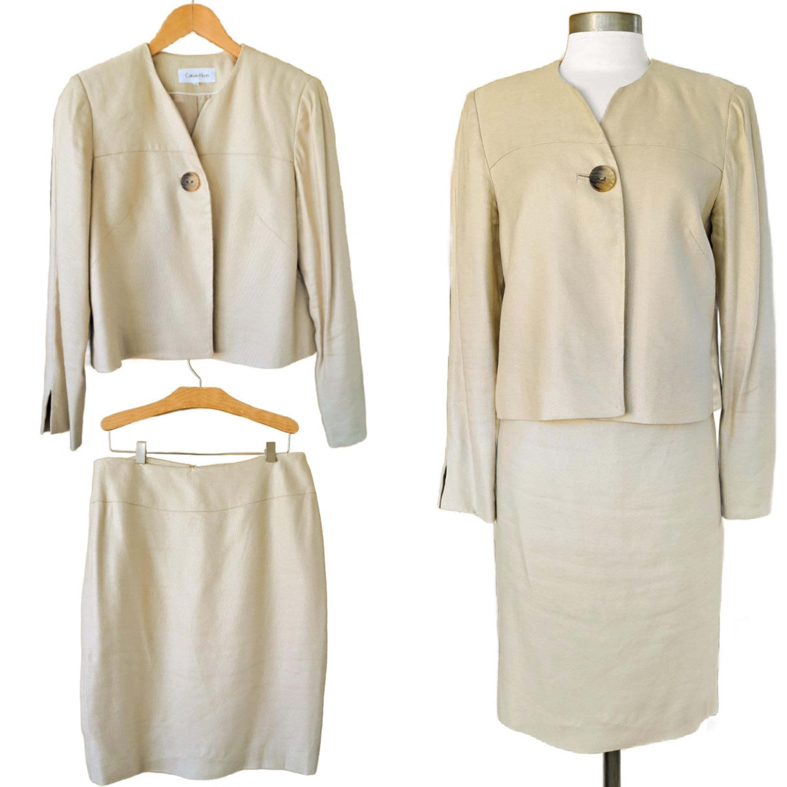 2-piece Linen Blend Skirt Suit Size 6 Tan Beige - Calvin Klein