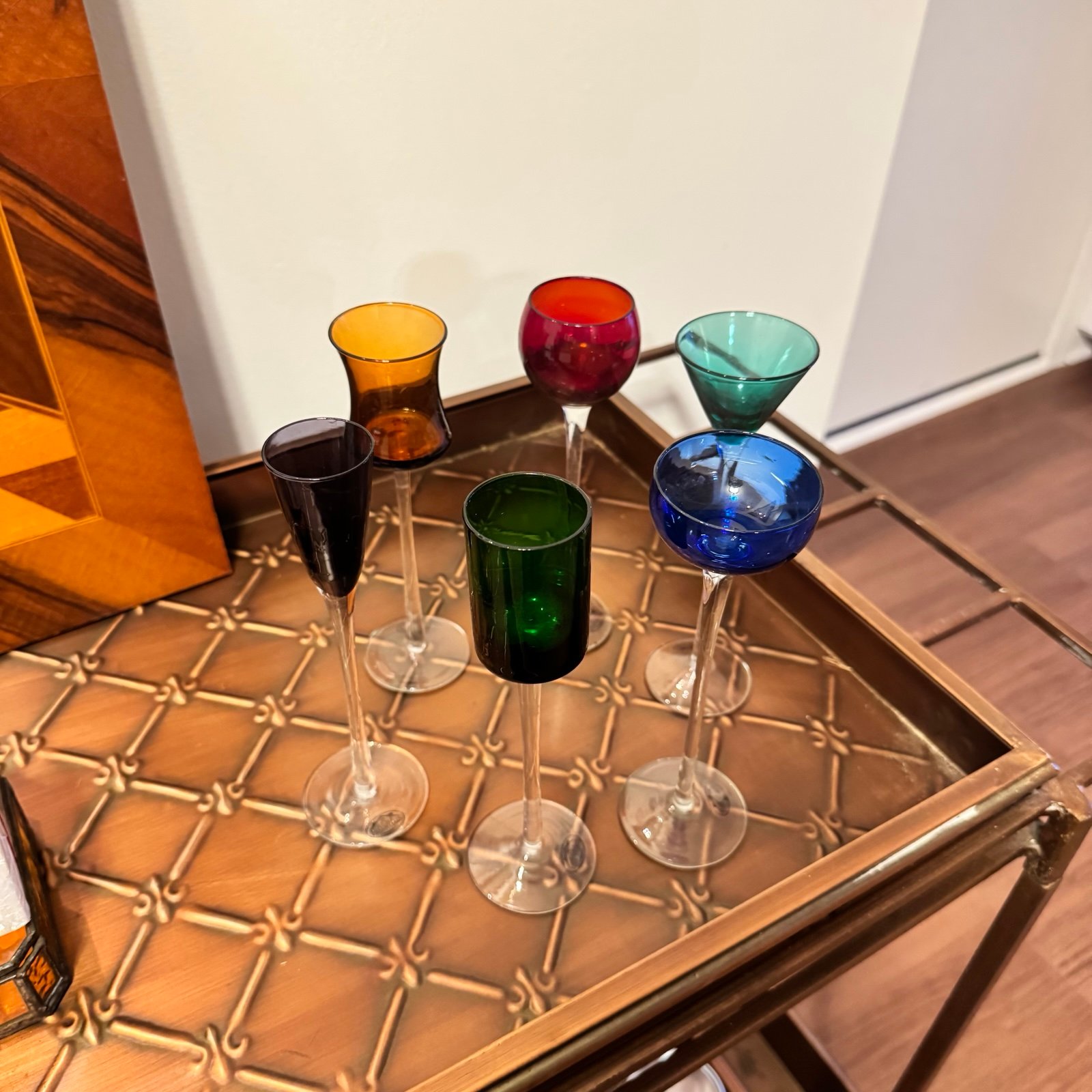 Set of 6 Vintage Multicolored Cordial Glasses, Shot Glasses