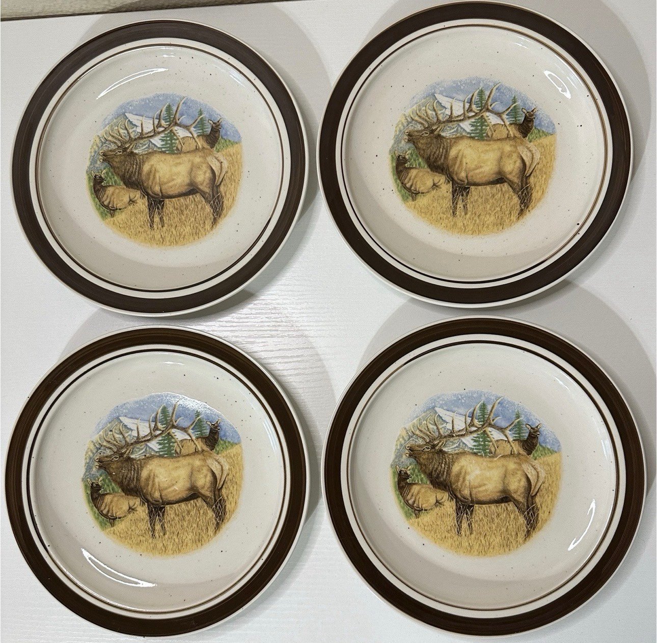 4 Cabela's Bugling Elk Stoneware Plates 8.5" Scotty Z Rustic Cabin Deer Decor