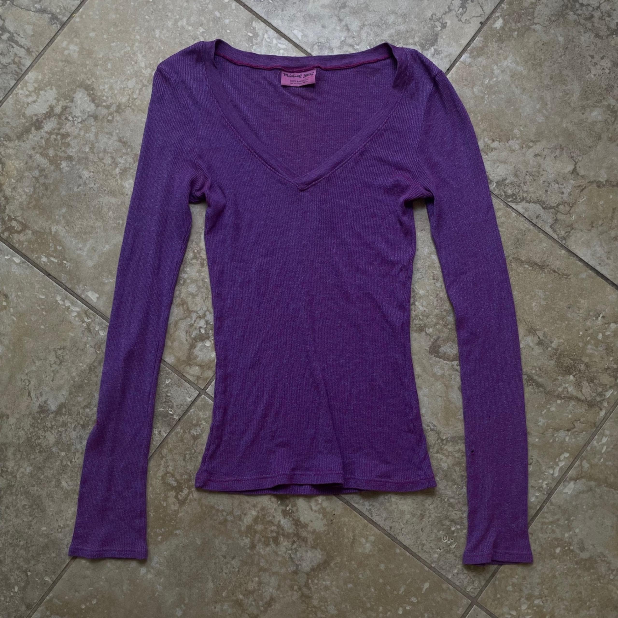 Purple V-Neck Long Sleeve Ribbed Knit Top One Size Fits Most - Michael Stars