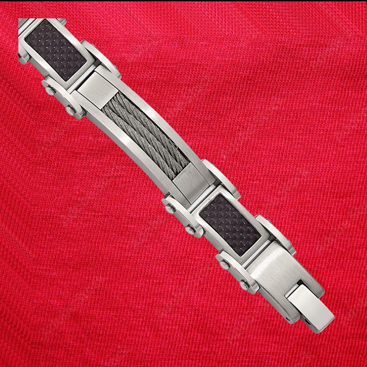 Stainless Steel Polished with Cable and Black Carbon Fiber Inlay 8.75 inch Link