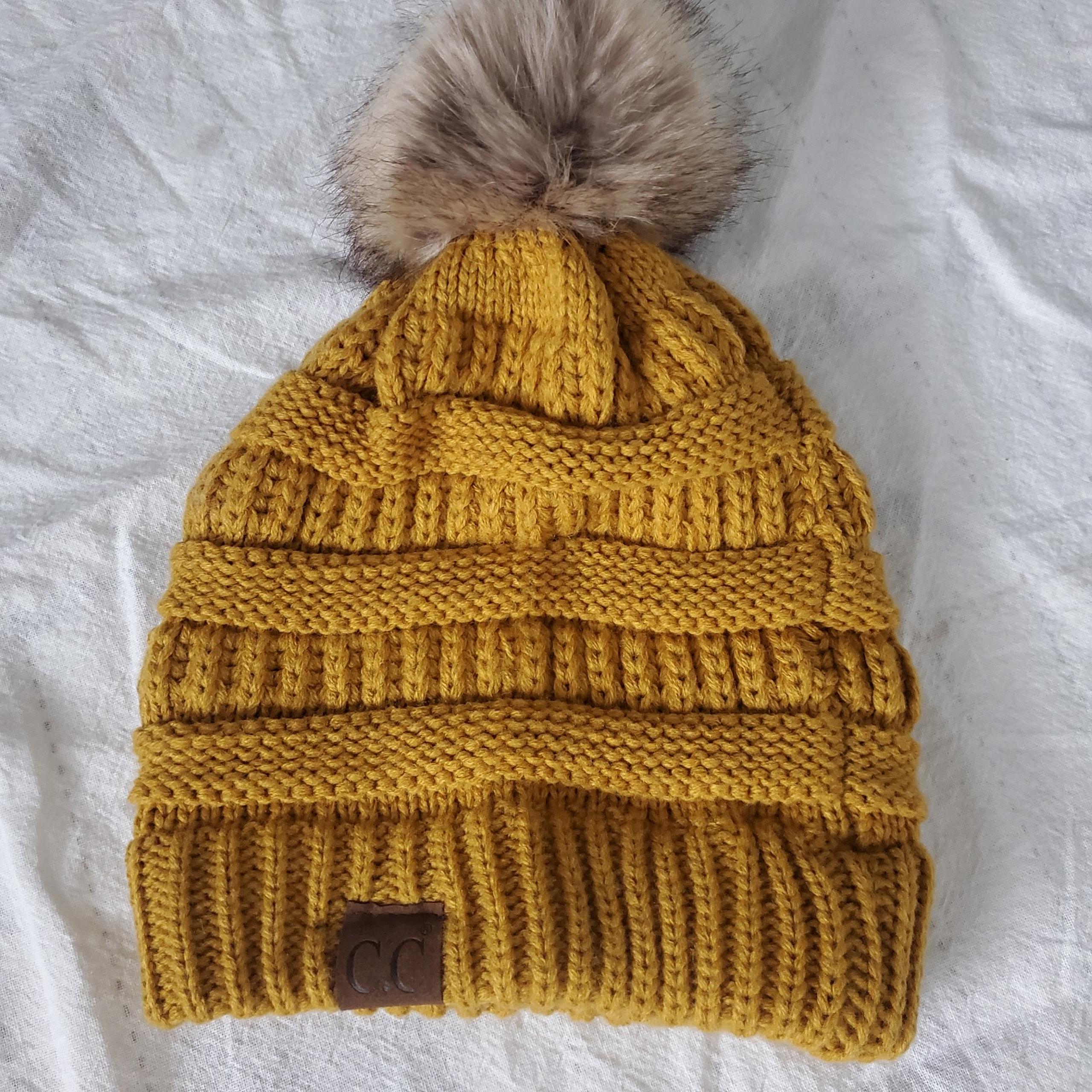 C.C. Mustard Knit Beanie with Faux Fur Pom