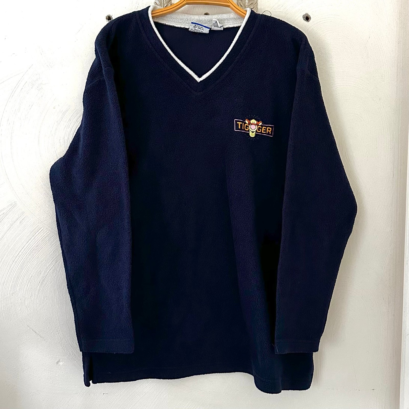 Vintage 90s Winnie The Pooh Tigger Fleece V Neck Sweater Embroidered Navy Blue