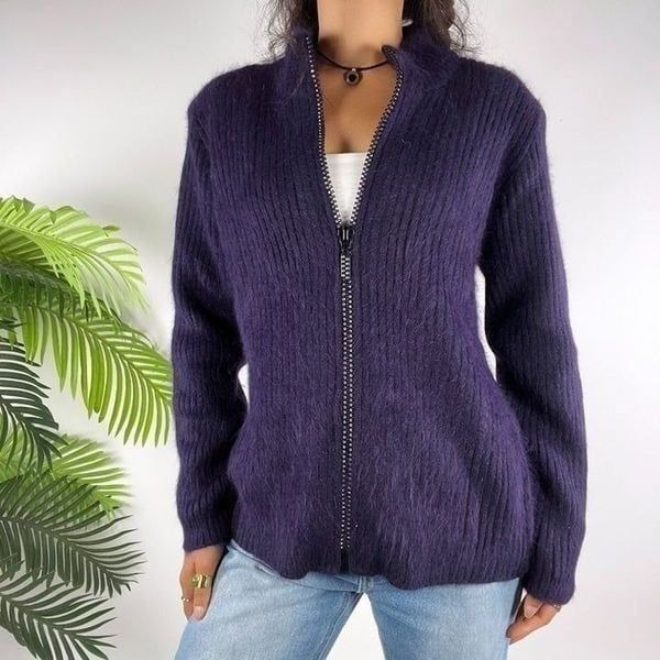 Women's Vintage 90s Venesha Purple Grandmacore Knit Angora Zip Up Jacket / M