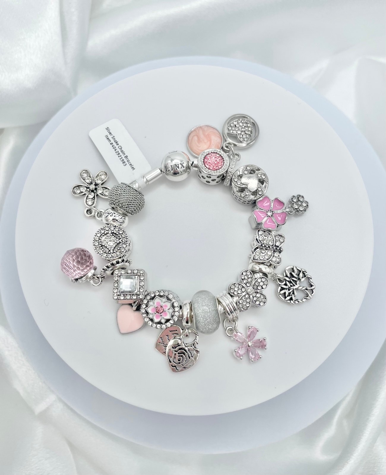 Linx Snake Chain Bracelet with Silver and Pink Themed Charms