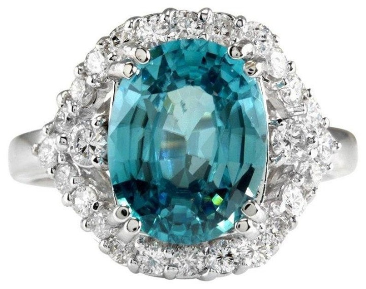 6.15Ct Oval Blue Zircon & Diamond Halo Solitaire Ring 14k White Gold