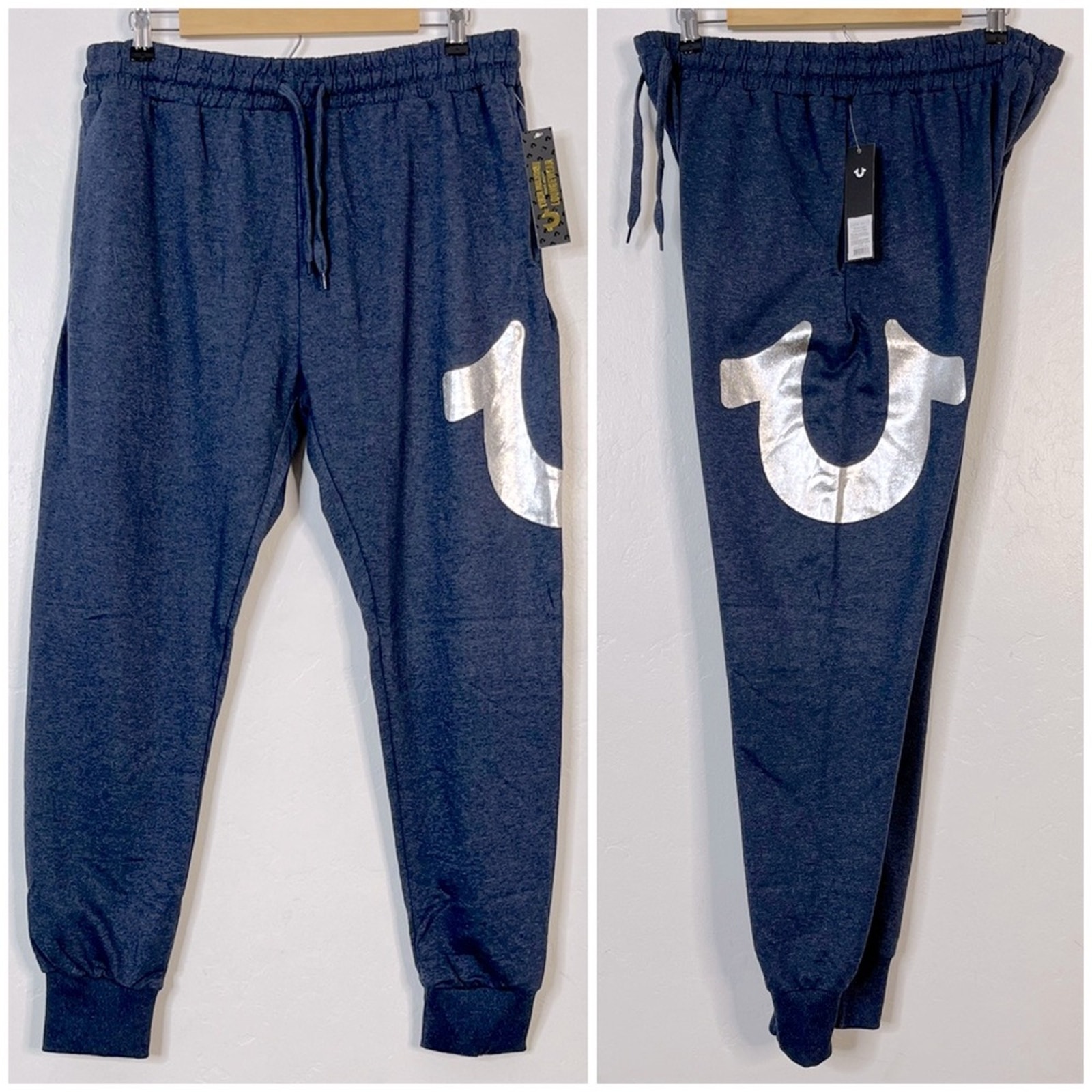 True Religion Metallic Signature Logo Jogger Sweatpants Elastic Blue Large NWT