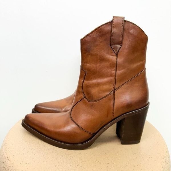 Emanuele Crasto Made in Italy Women’s Leather Cognac Brown Heel Mid Calf Western
