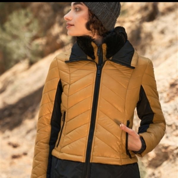 Mustard & Black Chevron Quilted,hi neck, Double Zip Fastening Puffer Jacket