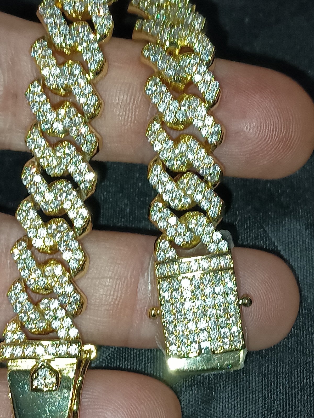 12mm Gold Plated Iced CZ Out Stainless Steel Miami Cuban Link Bracelet or Chain