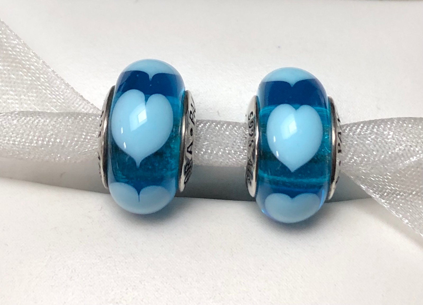 RETIRED (2) PANDORA Blue Love Hearts Murano Glass Beads