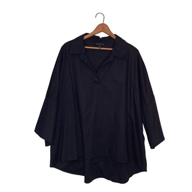 Lane Bryant 22/24 Black Collared V-Neck Poplin Stretch Hi Low Pullover Top Plus