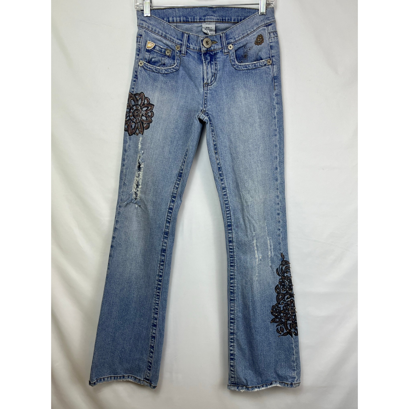 Vintage Z. Cavaricci Women's 7 Blue Flare Leg Stonewashed Distressed Denim Jeans