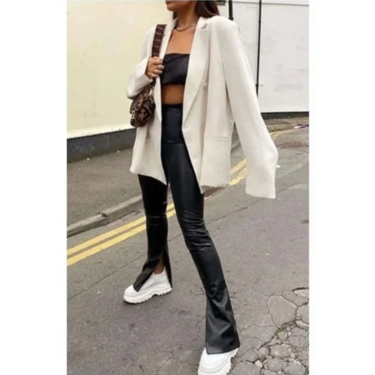 ZARA Faux Leather Slim Flare Leg Pants Split Hem Bootleg Slit Leggings Black