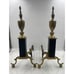 Vtg Andirons Brass Steeple Top Cast Iron Set Stamped Black Block Plinth 19.5