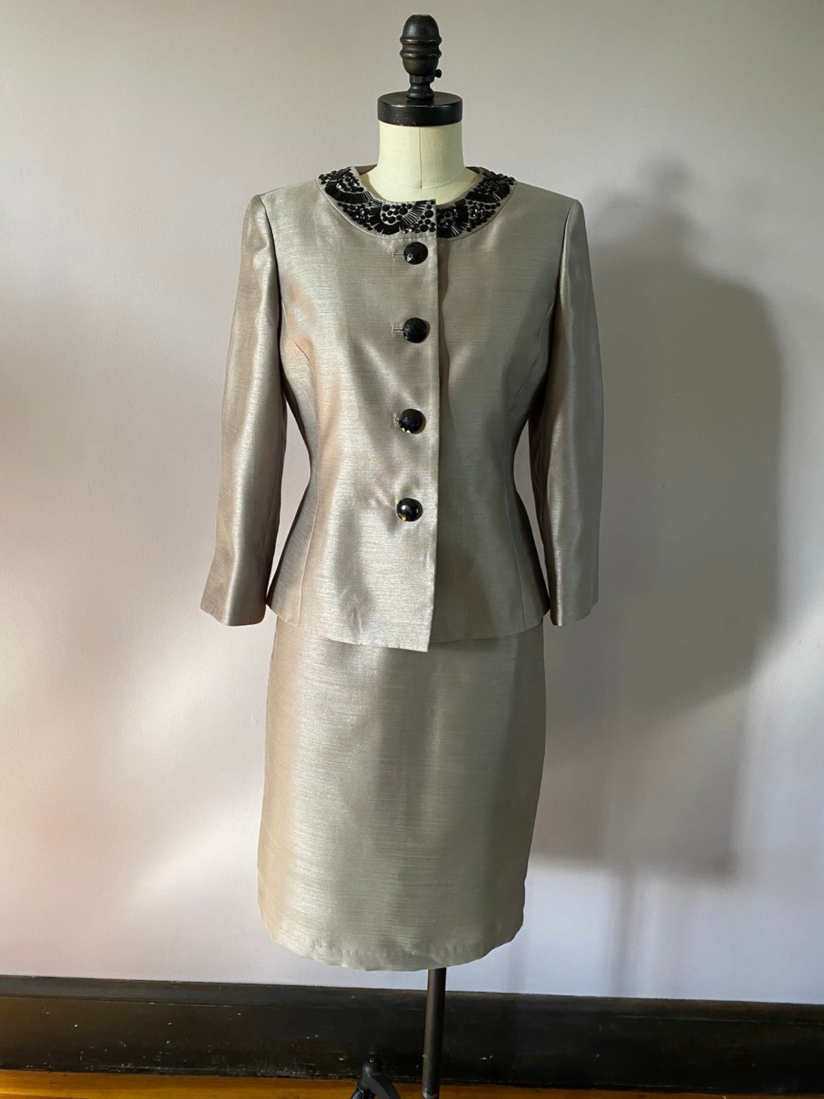 Kasper metallic grey suit with beading