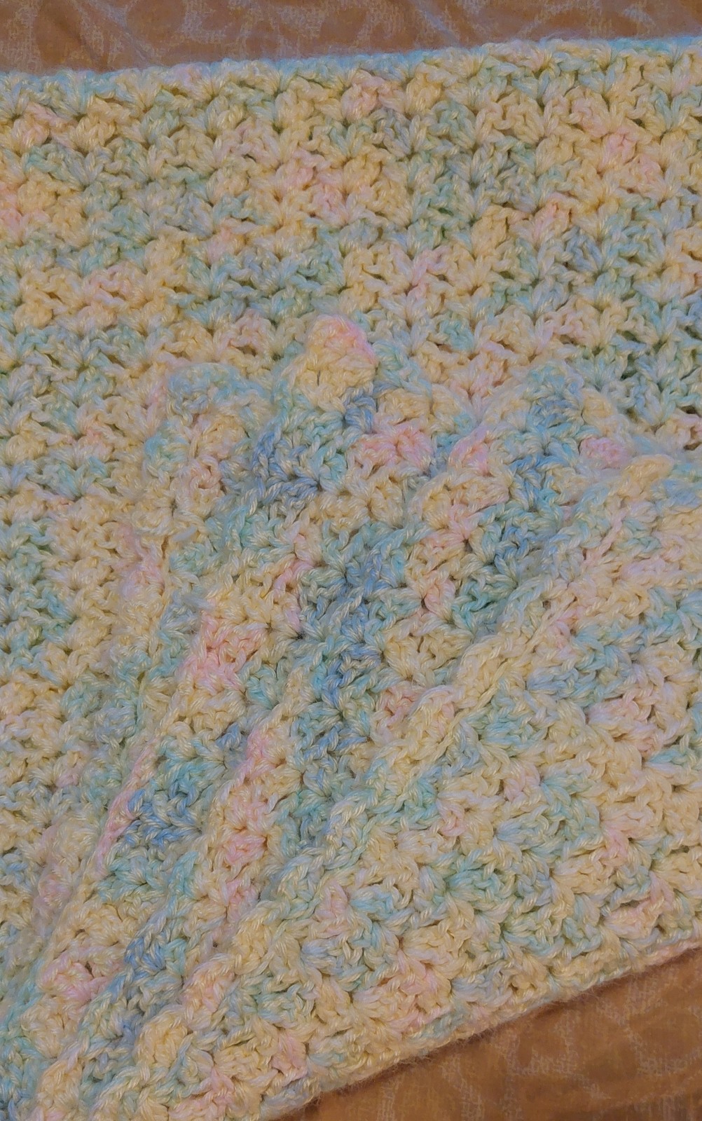 Hand Crocheted Yellow Pink Blue & Green Pastel Baby Blanket Throw Extra Soft