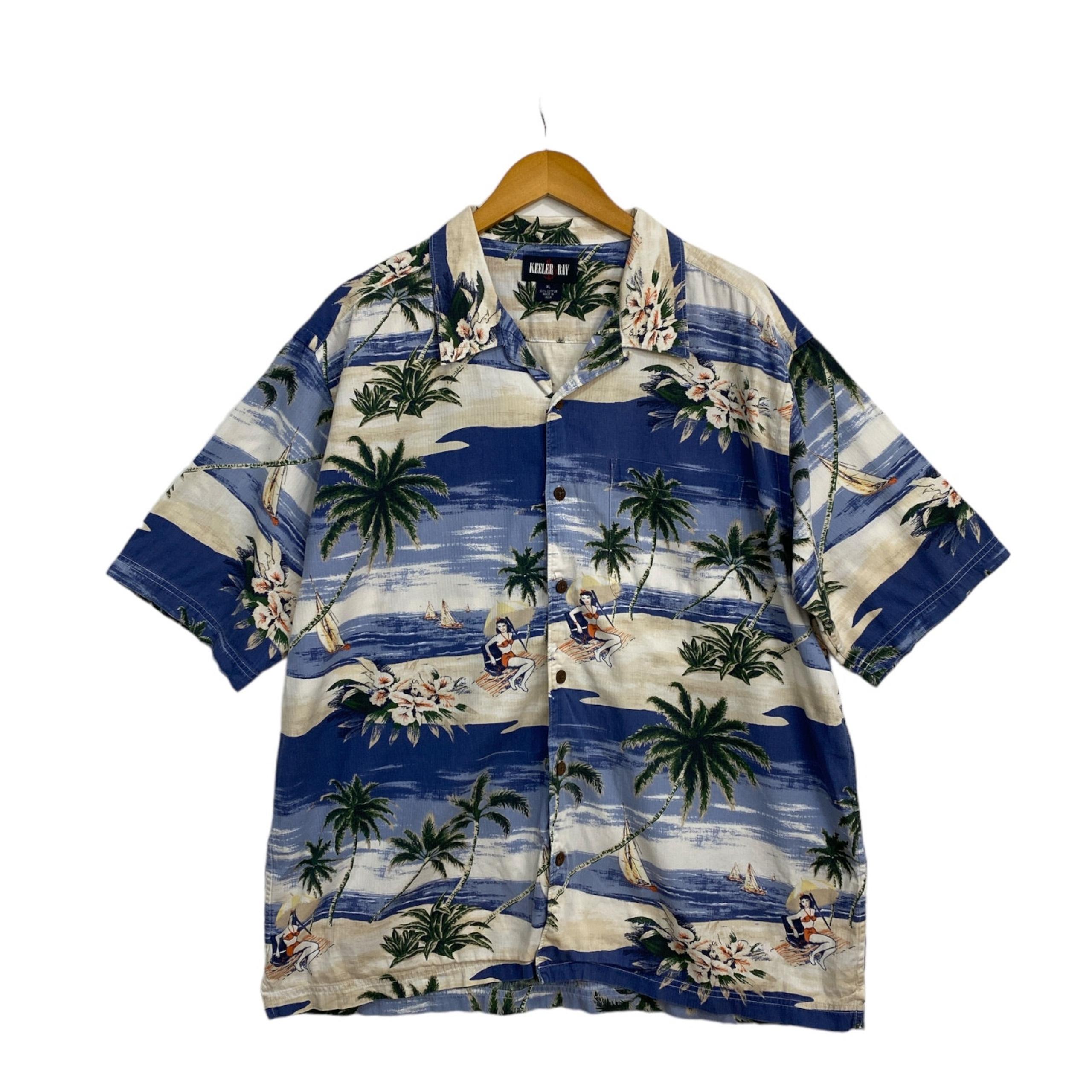 Keeler Bay Vtg Hawaiian Shirt Men's XL Cotton Surf Palm Trees Ocean Hula Dancer