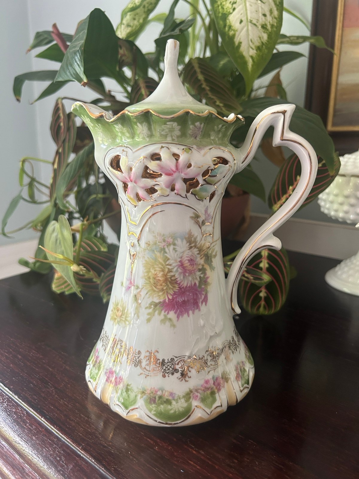 Antique rare hand painted porcelain chocolate pot Victorian floral ornate gold