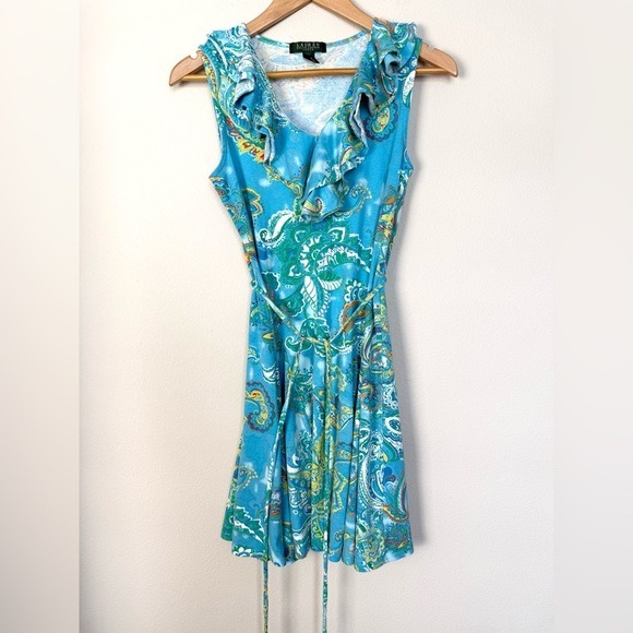 Vintage Y2K Lauren Ralph Lauren Blue Floral Mini Dress Size MP Fairy Festival