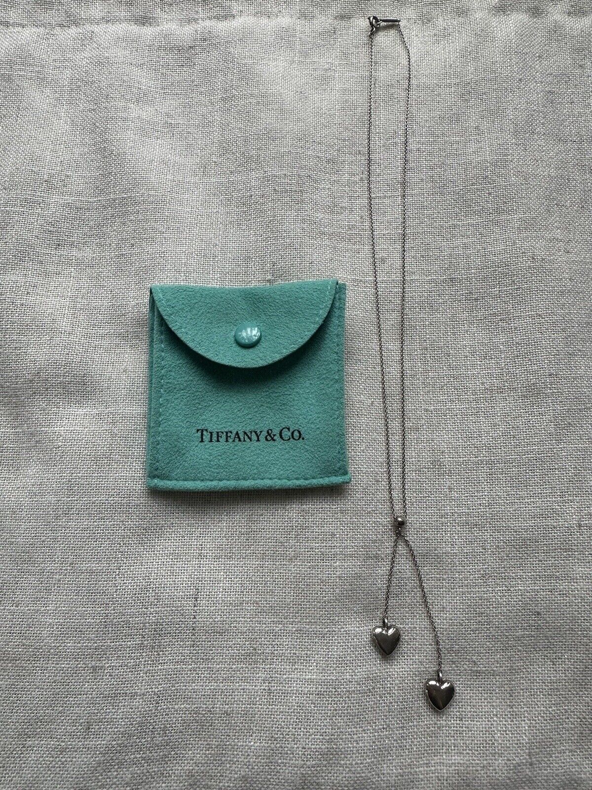 Tiffany & Co. Puff Double Drop Heart Lariat Necklace Silver 925 with Pouch
