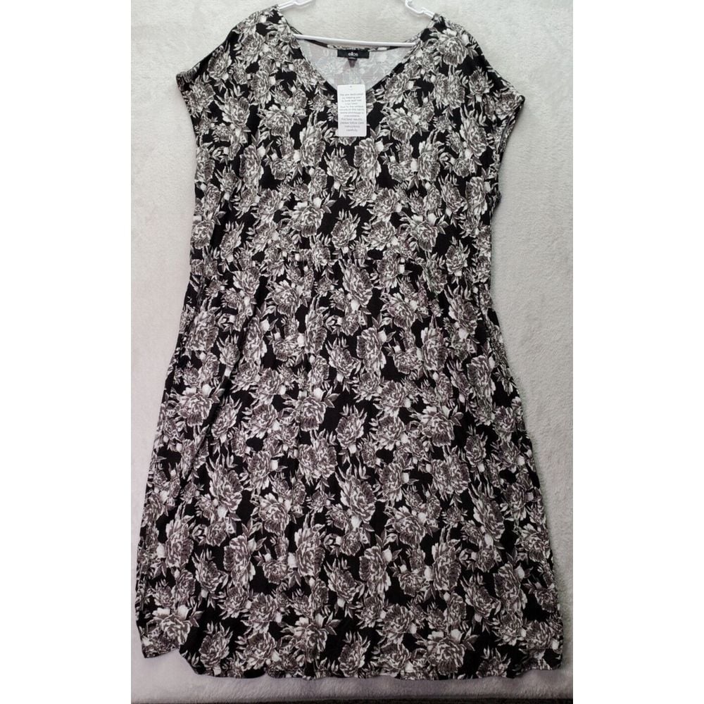 Ellos Sheath Dress Womens Size 1X Black Floral Viscose Sleeveless V Neck Pockets